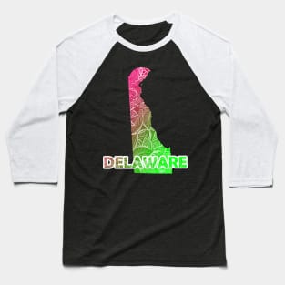 Colorful mandala art map of Delaware with text in pink and green Baseball T-Shirt